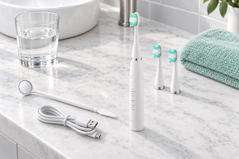 The SonicScale electric toothbrush laid out on a marble counter with its two spare brush heads, its dental mirror, its USB cable, a glass of water and a folded mint towel