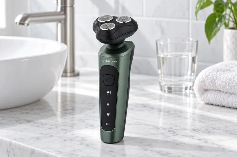 A black three-head rotary shaver on its charging stand with a cleaning brush attachment and a glass of water beside it