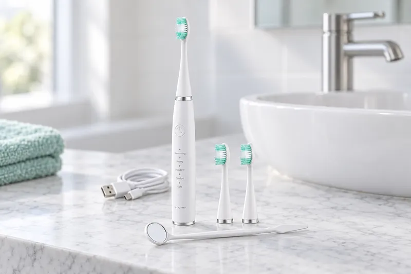 A white electric toothbrush lying on a folded white towel with two spare heads beside it, a glass of water and a basin behind