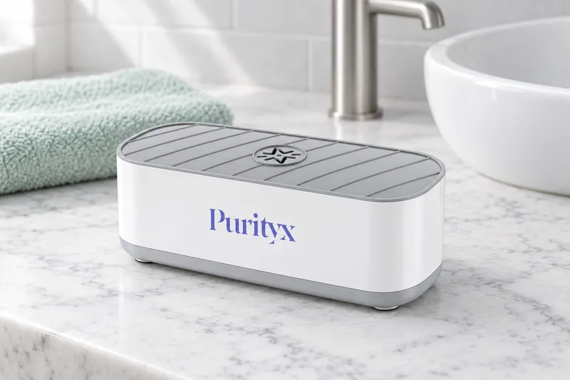 A white ultrasonic cleaner with a grey ribbed lid, a pair of glasses and a folded cloth in front of it