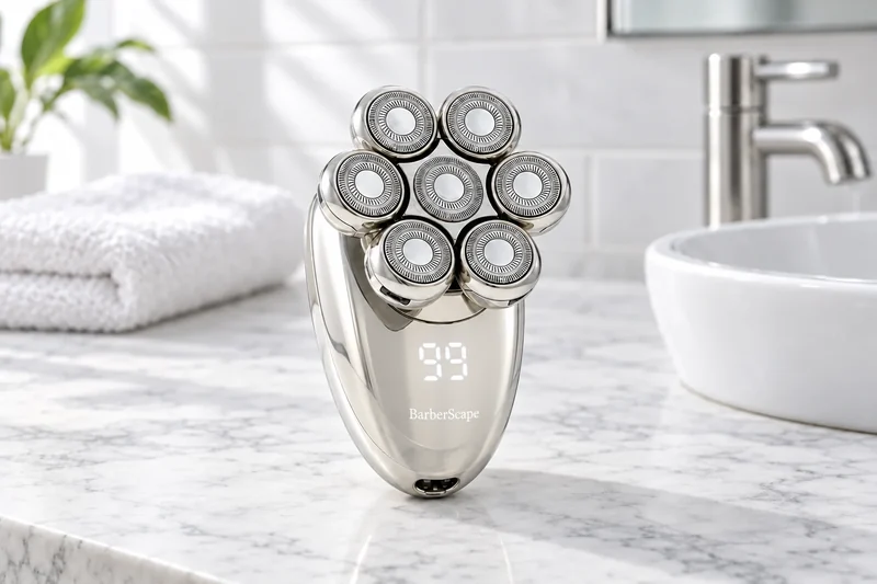 A chrome five-head rotary shaver standing on a round steel tray, a white towel behind it