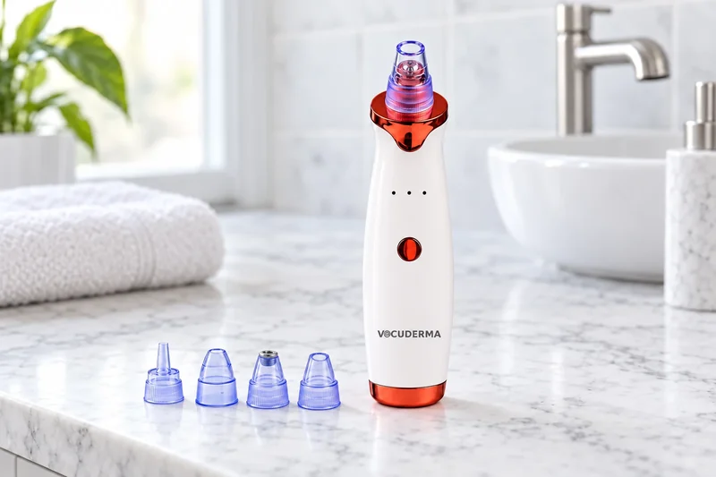 A white pore vacuum lying on a folded white towel with three clear suction heads in front