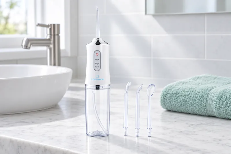A white countertop water flosser with a clear reservoir, its handle in the holder and two spare tips on top, a mint towel beside it