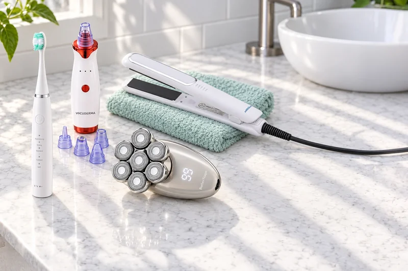 The SonicScale toothbrush in a glass, the BarberScape head shaver on a steel tray, the HeatBliss straightener on a mint towel and the VacuDerma blackhead remover with its heads, gathered at the left of a marble counter, a white basin and tap behind and empty marble to the right