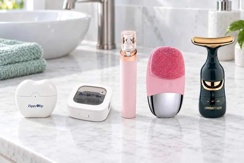 The ZippyClip clipper, the BrushSan steriliser, the EpiGlow pen, the VibePure brush and the LuminaTouch massager in a row on a marble counter, a pencil in front